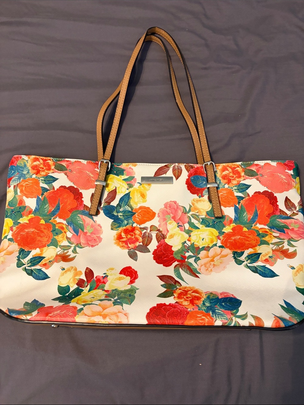 Nine West Floral Print Tote Bag with Tan Straps